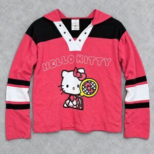 Hello Kitty Sanrio XS Pink Rugby Hoodie Tennis Graphic Y2K Kawaii Preppy Top